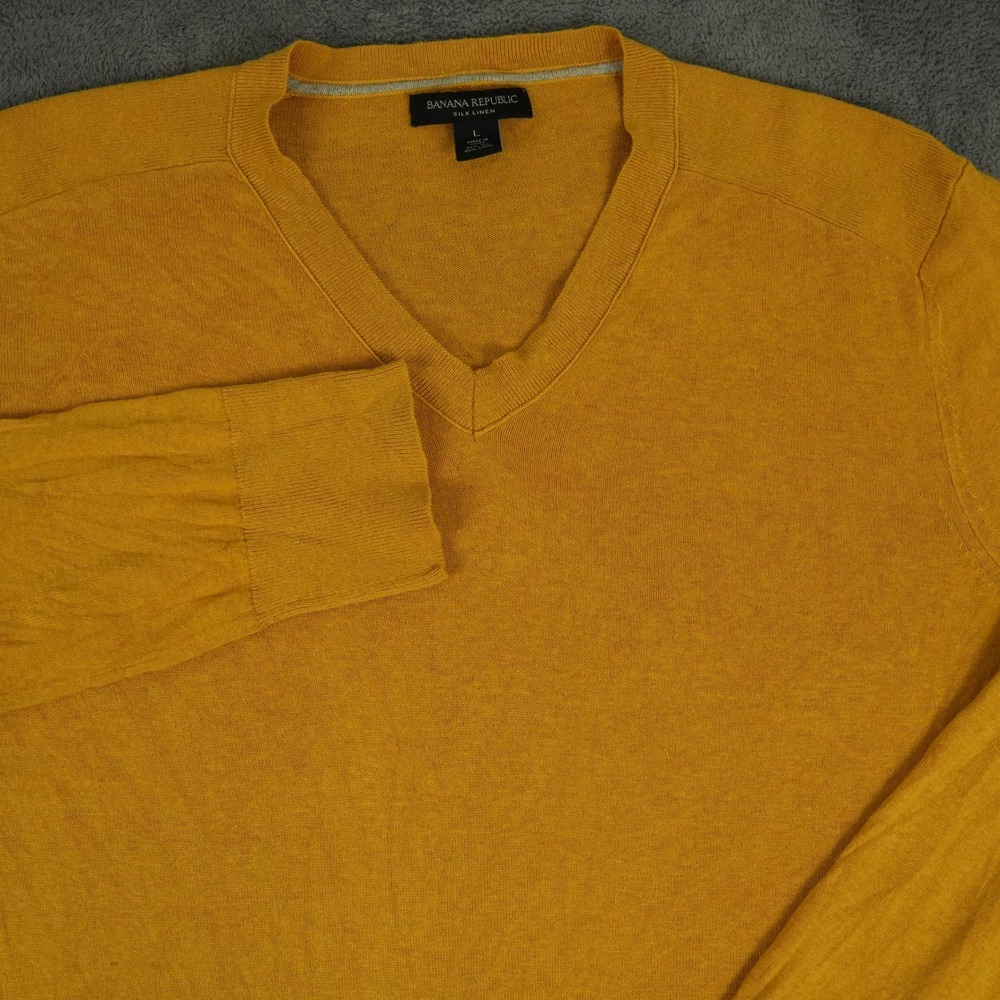Banana Republic Sweater Mens L Yellow Silk Linen V-Neck Pullover Natural Fiber